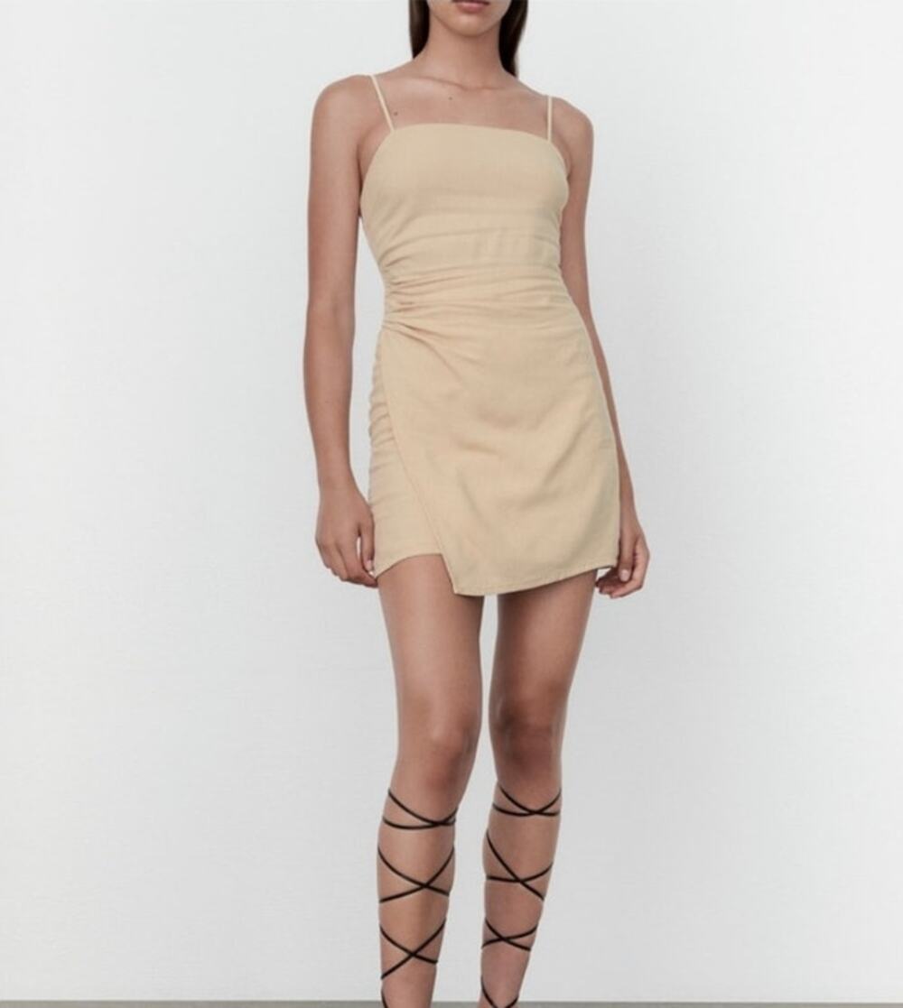 Zara Linen Blend Faux Wrap Sleeveless Strappy Mini Dress Sz S Khaki Resort